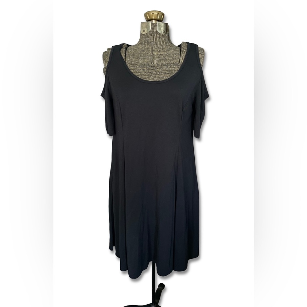 Lush Black Cold Shoulder Casual Mini Shift Dress Flowy Modal Knit Minimalist EUC